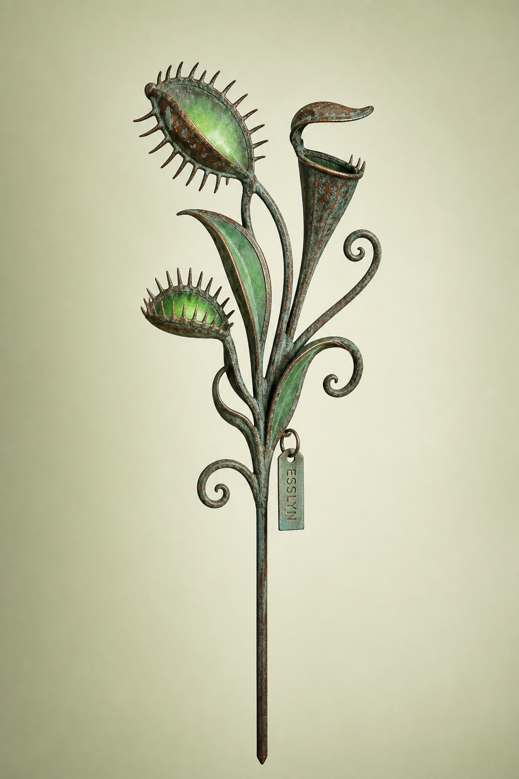 Esslyn Carnivora whimsical metal carnivorous plant garden stake on neutral background